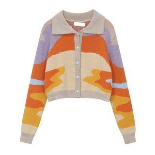 Color Block Collared Cardigan As Shown In Figure - One Size