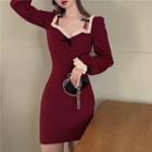 Long-sleeve Bow-accent Lace Trim Knit Mini Dress