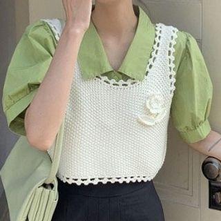 Puff-sleeve Blouse / Cropped Sweater Vest