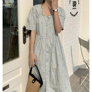 Square-neck Floral Embroidered Midi A-line Dress