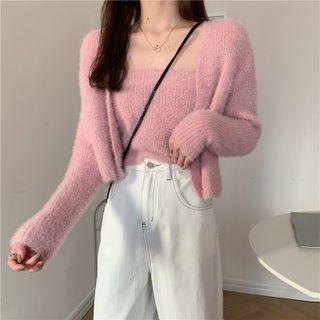 Set: Fluffy Knit Camisole Top + Cardigan