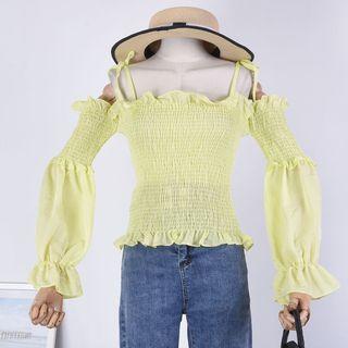 Cold-shoulder Smocked Blouse Neon Green - One Size