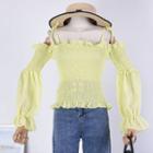 Cold-shoulder Smocked Blouse Neon Green - One Size