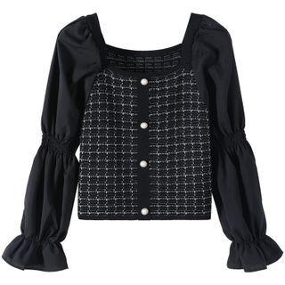 Chiffon-sleeve Square Neck Button-up Knit Top