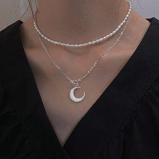 Moon Pendant Sterling Silver Necklace / Faux Pearl Choker / Set