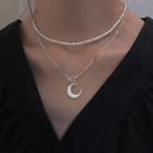 Moon Pendant Sterling Silver Necklace / Faux Pearl Choker / Set