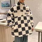 Long-sleeve Letter Embroidered Checkerboard Fleece Pullover