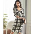 Long-sleeve Ruffled Plaid Bodycon Dress