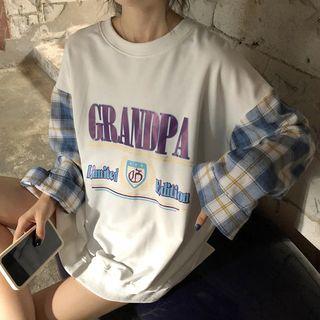 Lettering Plaid Panel Pullover