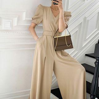 Short-sleeve V-neck Belted Wide Leg Jumpsuit