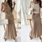Set: U-neck Knit Top + Spaghetti Strap Maxi Dress