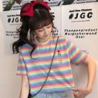 Short-sleeve Heart Embroidered Striped T-shirt