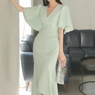 Bell-sleeve V-neck Ruffle Hem Midi Sheath Dress