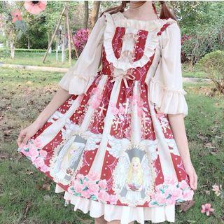 3/4-sleeve Frill Trim Top / Sleeveless Ruffled Printed A-line Dress