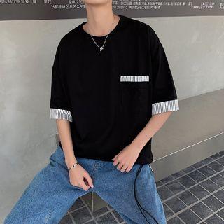 Stripe-panel Pocket-front Short-sleeve Top