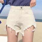 High-waist Furry-trim Wide-cuff Denim Shorts