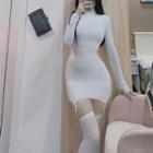 Set: Long-sleeve Garter Detail Mini Sheath Dress + Stockings
