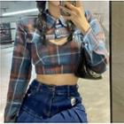 Plaid Crop Shirt / Crop Tank Top / Denim Mini Skirt / Set