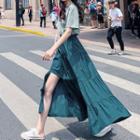 Set: Short-sleeve Letter Print T-shirt + Tiered Irregular Hem A-line Midi Skirt