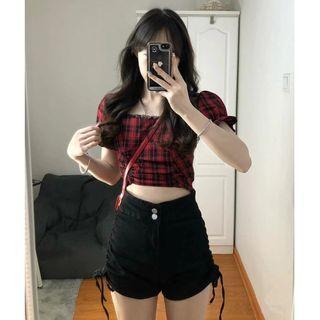Short-sleeve Plaid Crop Top / Drawstring Denim Shorts / Set
