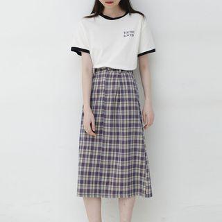 Plaid Midi A-line Skirt Purple - One Size