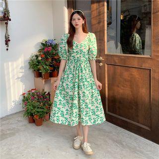 Short-sleeve Leaf Print Midi A-line Dress Green - One Size