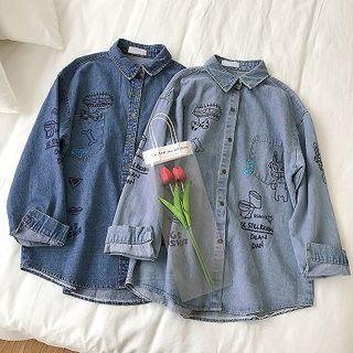 Cartoon Print Long-sleeve Loose-fit Denim Shirt