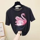 Short-sleeve Sequined Swan Print T-shirt
