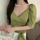 Puff-sleeve Shirred Tie-side Blouse Green - One Size