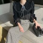 Peter Pan Collar Lettuce Edge Blouse / Faux Leather Midi A-line Skirt