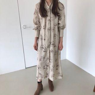 Puff-sleeve Tie-neck Floral Printed Dress