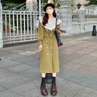Puff-sleeve Double-breasted Midi Collared Dress Khaki - One Size