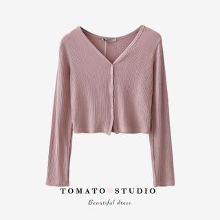 V-neck Plain Button-up Cropped Cardigan