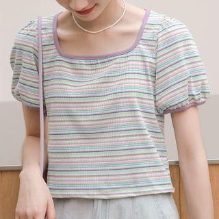 Puff-sleeve Square Neck Striped T-shirt