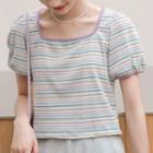 Puff-sleeve Square Neck Striped T-shirt