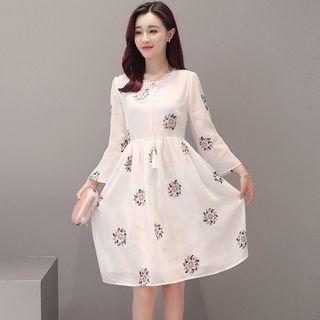 Embroidered Long-sleeve Chiffon Dress