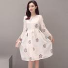 Embroidered Long-sleeve Chiffon Dress