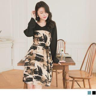 Long Sleeve Floral Panel Tie-waist A-line Dress