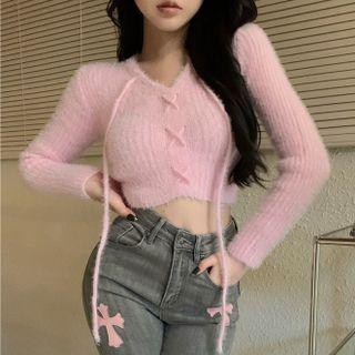 Plain Lace-up Long-sleeve Cropped Sweater