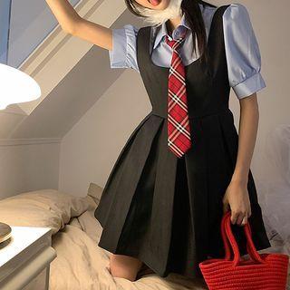 Puff-sleeve Shirt / Striped Neck Tie / Overall Dress / Set