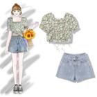 Flower Print Drawstring Short-sleeve Blouse / Flower Embroidered Denim Shorts / Mini A-line Skirt