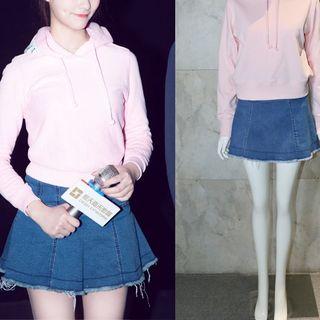 Set: Embroidered Hooded Top + Denim Skirt