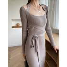 Long-sleeve Tie-waist Knit Sheath Dress