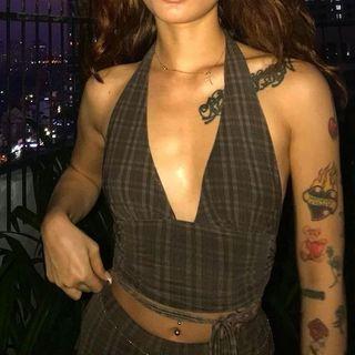 Plaid Crop Halter Top