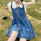 Puff-sleeve Blouse / Denim Mini A-line Overall Dress / Set