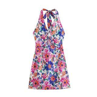 Halter Floral Cutout A-line Dress