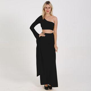 Set: One Shoulder Long-sleeve Crop Top + Maxi Pencil Skirt