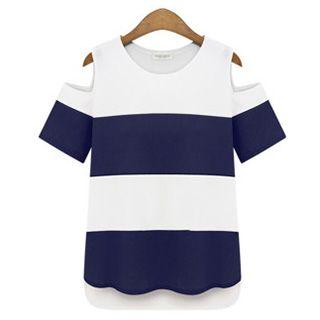 Stripe Cutout Shoulder Short-sleeve T-shirt