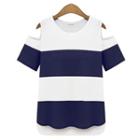 Stripe Cutout Shoulder Short-sleeve T-shirt