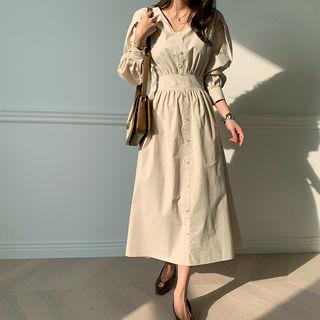 Gather-waist Long Shirtdress